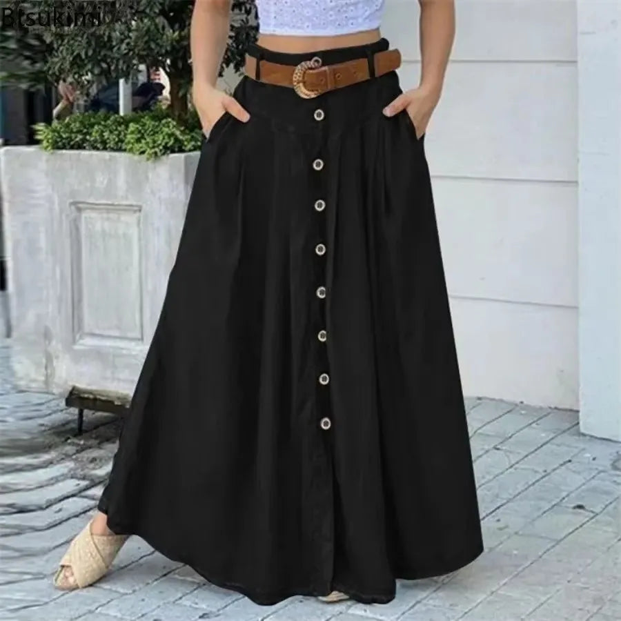 New 2025 Long Skirts for Women Oversized Spring Summer Button Sundress Casual High Waist Skirt Solid Female Elegant Party Robe