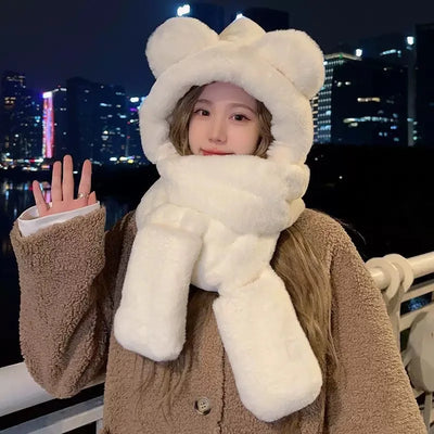 Winter Warm Plush Fleece 3-in-1 Bear Ear Hooded Cap Scarf Gloves Set Windproof Outdoor Accessories for Cold Weather