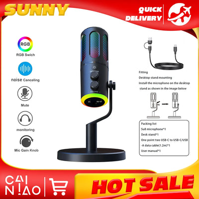 SU8-B RGB USB Gaming Microphone, Condenser Microphone with Base for PC, PS4/5, Laptop Streaming