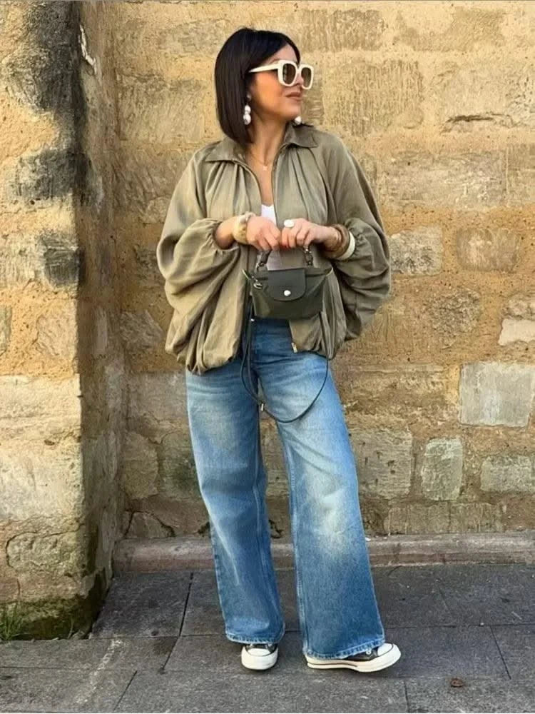 HipSeam Satin Bomber Jacket Women Casual Pleated Zipper Jackets