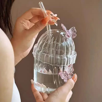400ML Glass Cup with Lid and Straw, Butterfly Design Round Glass Drinkware, Multipurpose for Coffee, Milk, Cold Drinks, Juice