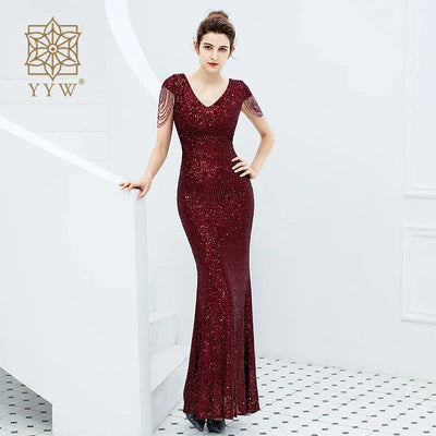 Luxury Sequined Women Evening Dress V Neck Short Sleeve Mermaid Party Gowns Metal Belt Design Sexy Robe Elegant Formal Dresses