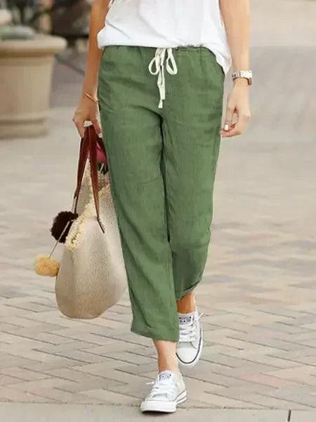 Cotton linen trousers for women solid color elastic waist casual pants drawstring loose autumn new female
