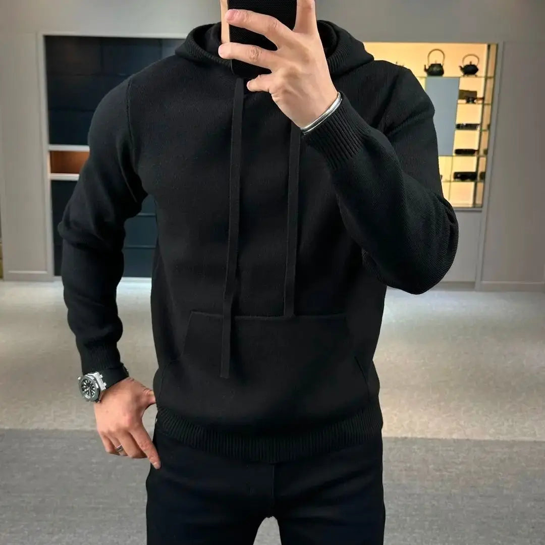 Hooded Pullover Sweater For Men Casual Daily Wear Solid Color With Front Pocket Computer Knitted Design