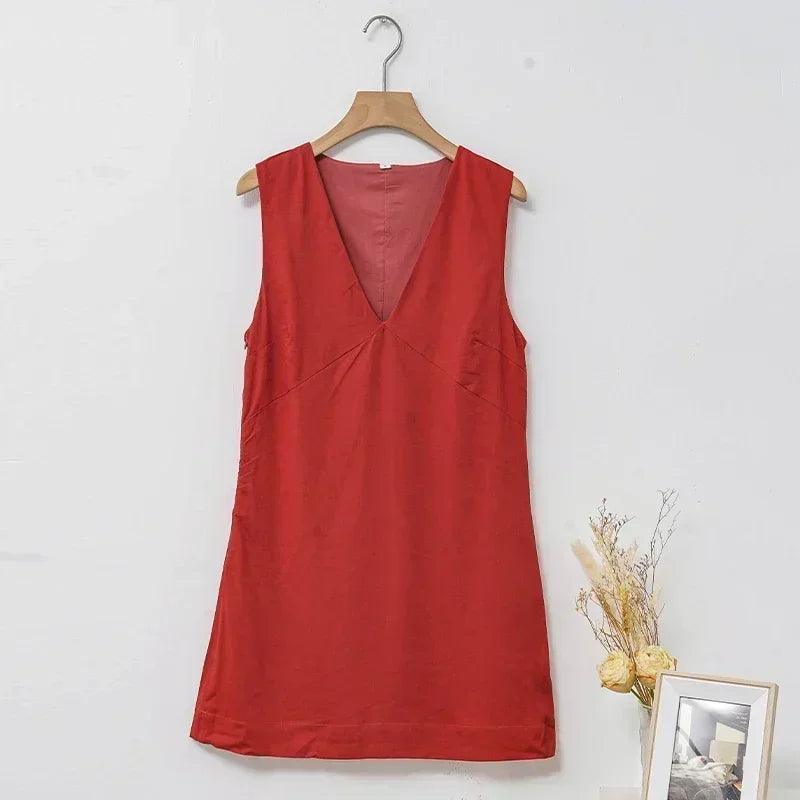 Women’s casual linen sleeveless dress v-neck chic elegant cotton-linen blend summer fashion sexy new arrival vestidos