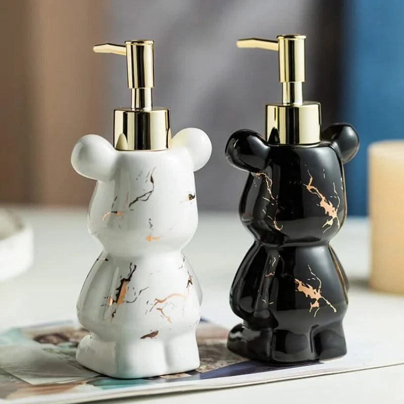 Luxury Marbling Bear Shape Ceramics Soap and Gel Dispenser Creative Black White Empty Shampoo Bottle Bathroom Storage Accessorie