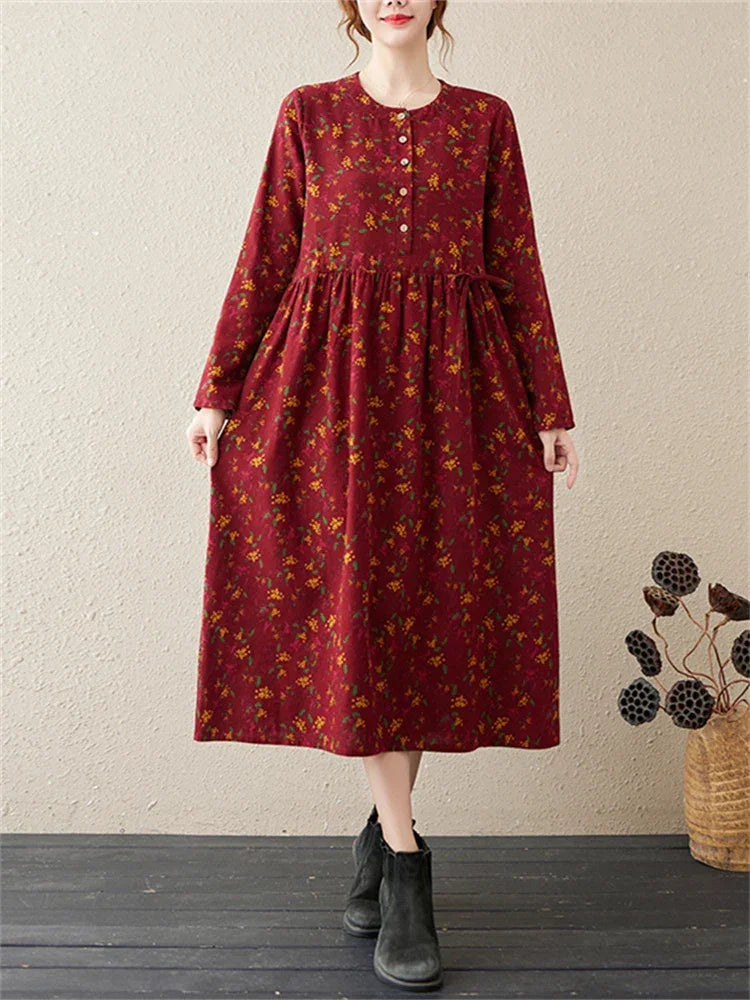 Long Sleeve Cotton Linen Vintage Floral Print Dresses For Women 2025 New Spring Autumn Casual Dress Robe Femme Elegant Clothing