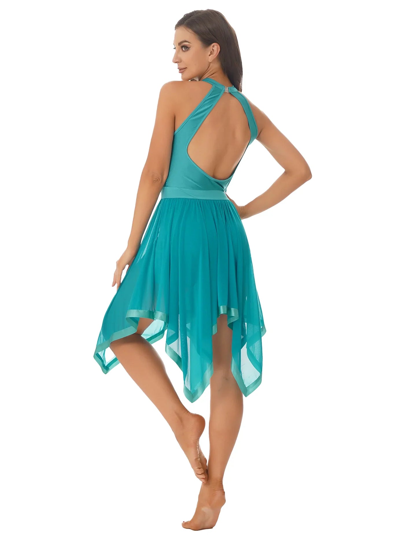 Elegant Ballet Leotards Dance Dress For Women Shiny Sequins Asymmetrical Hem Mesh Lyrical Dresses Prom Performance Costume