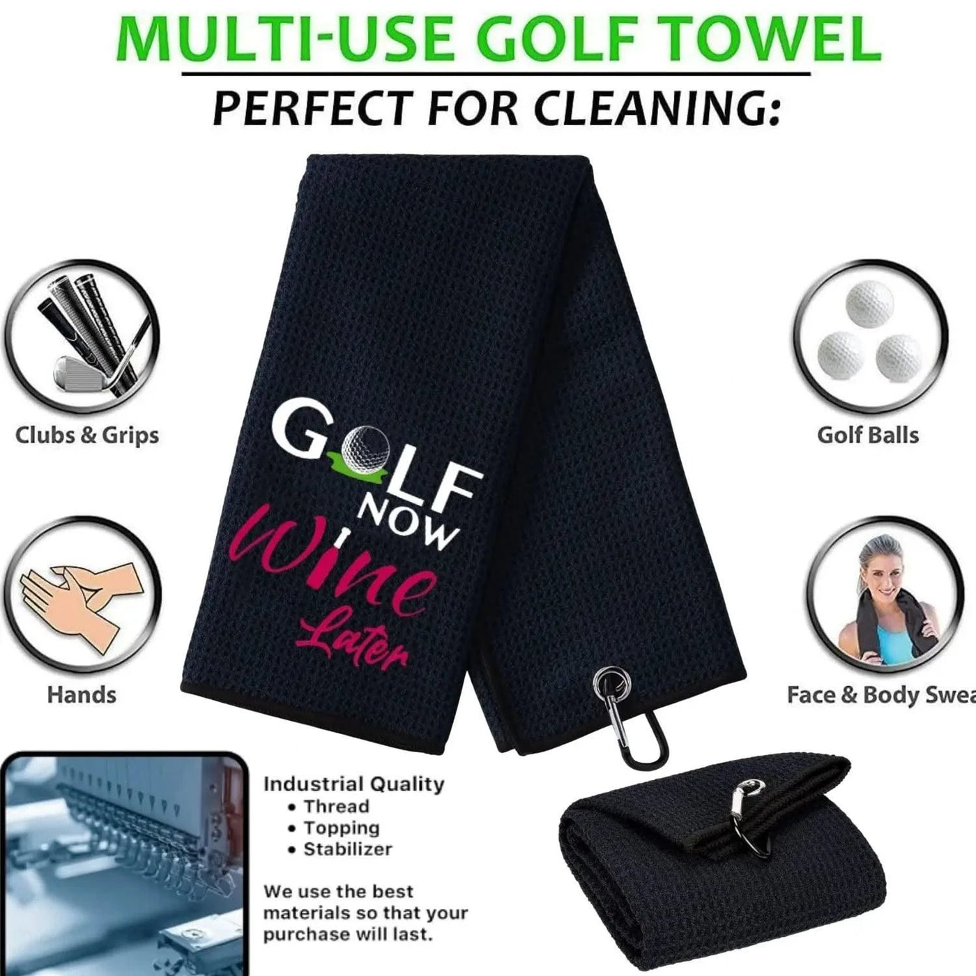 Golf Now Wine Later Golf Towel - Golf Accessories for Women -  Embroidered Golf Towel for Men & Women