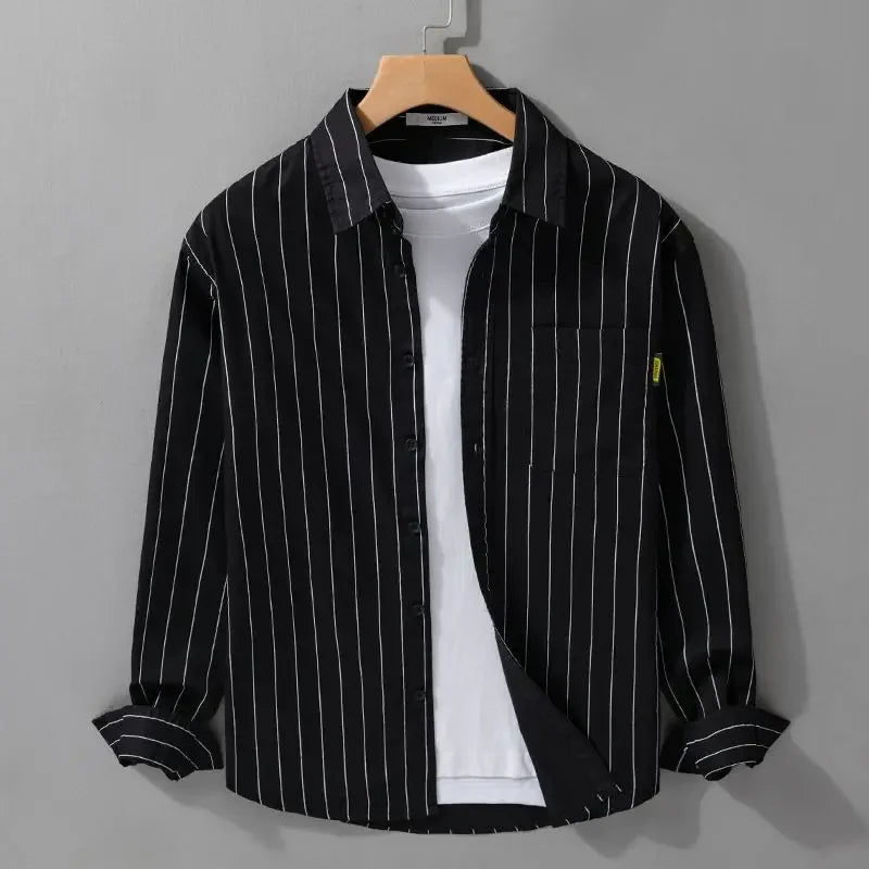 Polo Neck Striped Plus Size High Street Blouse Men's Spring Autumn Ong Sleeve Loose Fashion Shirt Tops Trend Korean Men Clothing