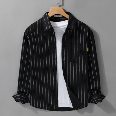 Polo Neck Striped Plus Size High Street Blouse Men's Spring Autumn Ong Sleeve Loose Fashion Shirt Tops Trend Korean Men Clothing