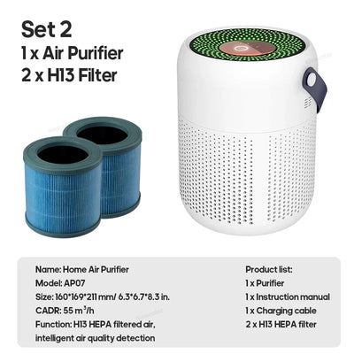 Home Electric Air Purifier With H13 HEPA Filter Desktop Air Cleaner Smoke Odor PM2.5 Particulate Matter Adsorption Filtration