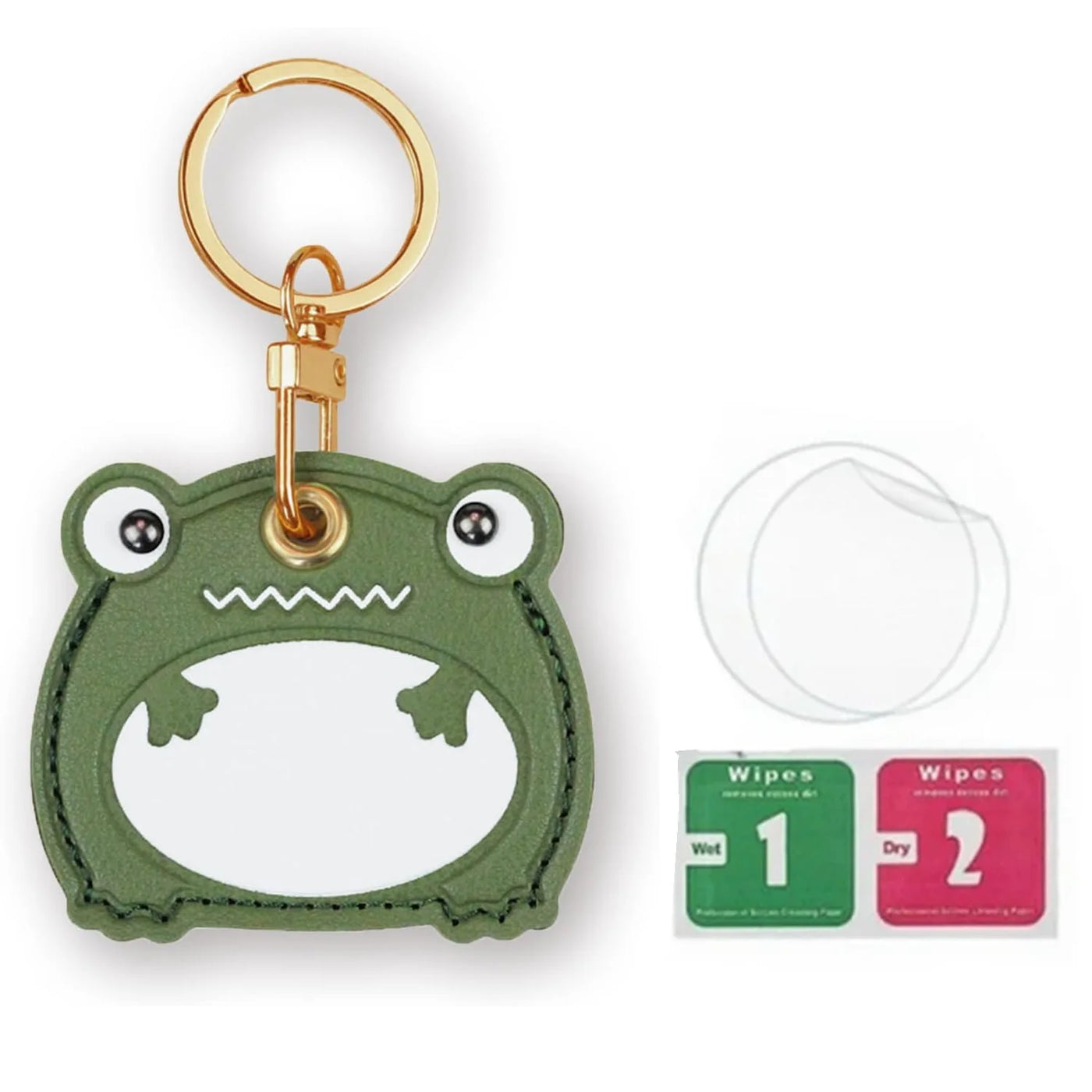 Green frog hand sanitizer keychain with hand straps and gold hardware