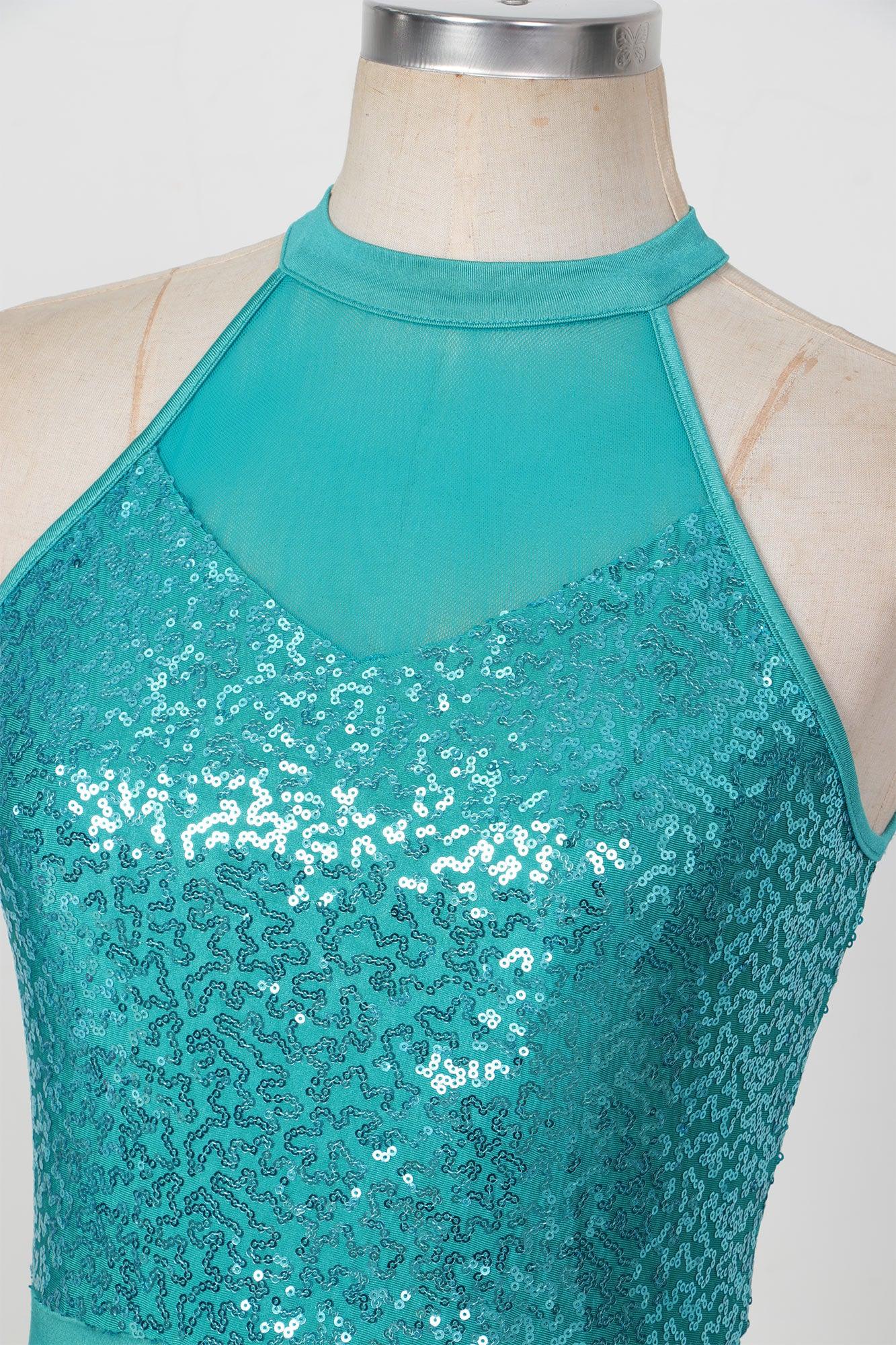 Elegant Ballet Leotards Dance Dress For Women Shiny Sequins Asymmetrical Hem Mesh Lyrical Dresses Prom Performance Costume