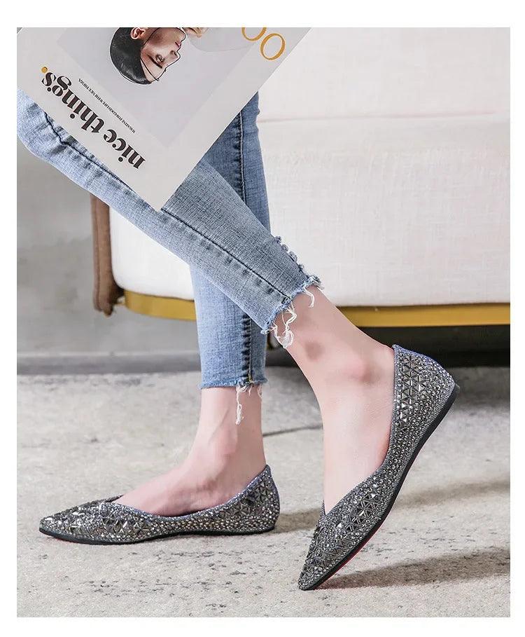 Women’s ballet rhinestones flats female plus size 43 slip on boat shoes chaussure
