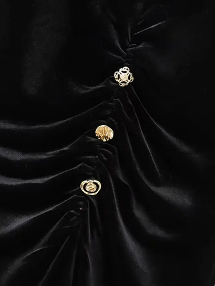 Women's Draped Velvet Midi Dress with Buttons, V Neck, Sleeveless, Female Dresses, Chic Fashion