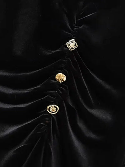 Women's Draped Velvet Midi Dress with Buttons, V Neck, Sleeveless, Female Dresses, Chic Fashion