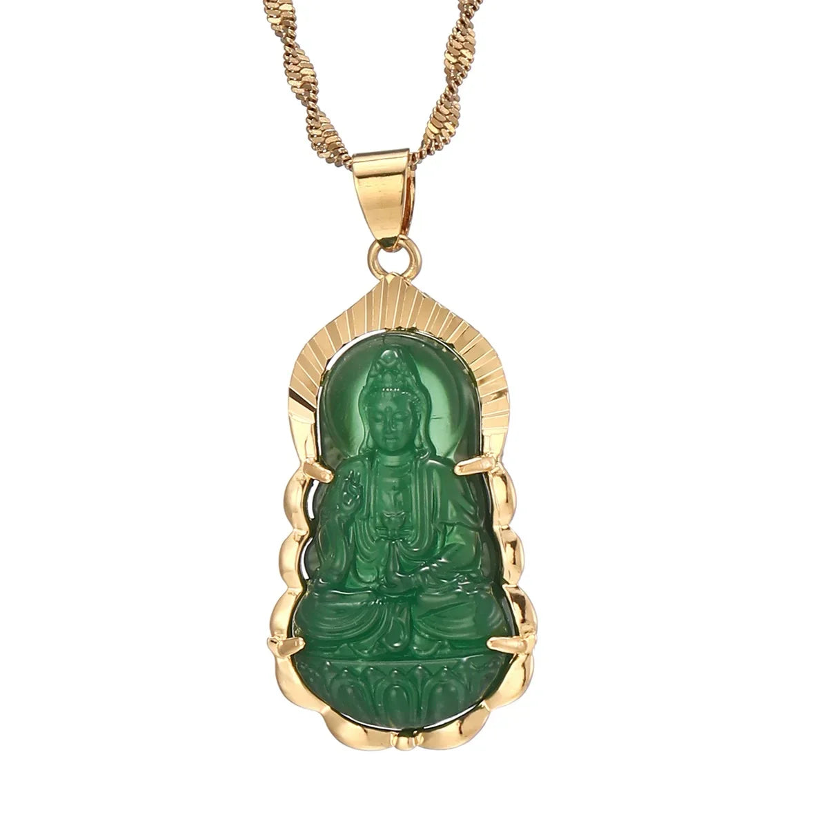 Green Jade Guanyin Pendant Necklace Chinese Buddha Buddhist Charm Maitreya Amulet Hinduism Jewelry