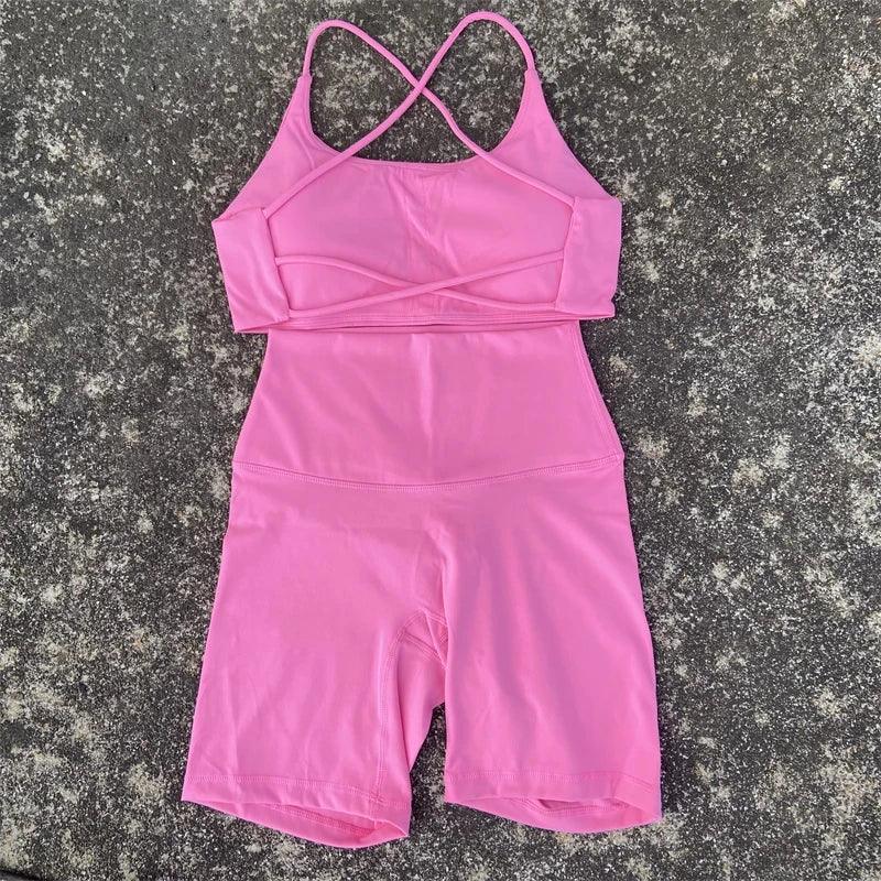 2 Piece Gym Sports Set Women Yoga Shorts Set Workout Outfit Fitness Suit Cross Straps Bra High Waist Shorts Running Tracksuit