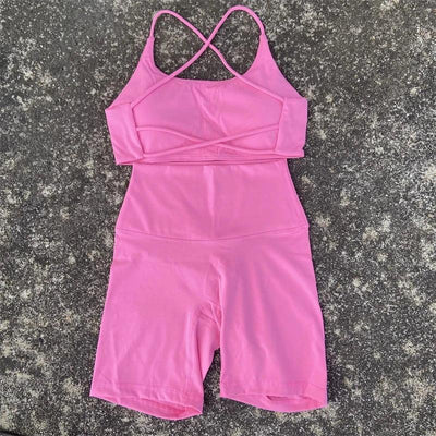 2 Piece Gym Sports Set Women Yoga Shorts Set Workout Outfit Fitness Suit Cross Straps Bra High Waist Shorts Running Tracksuit