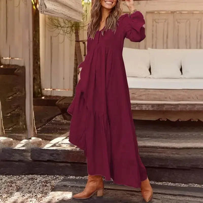 Vintage Cotton Linen Long Sleeve Dress Women Casual Autumn Maxi Robe V Neck Tiered Loose Vestido