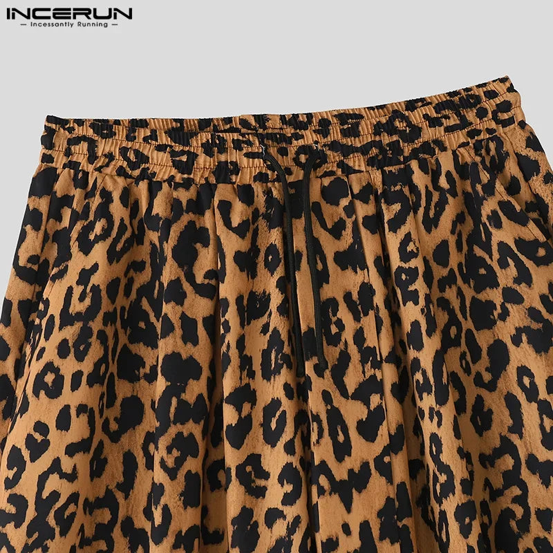 Men Wide Leg Pants Leopard Printing Drawstring Joggers Casual Trousers Men Streetwear 2025 Oversize Pleated Long Pants INCERUN