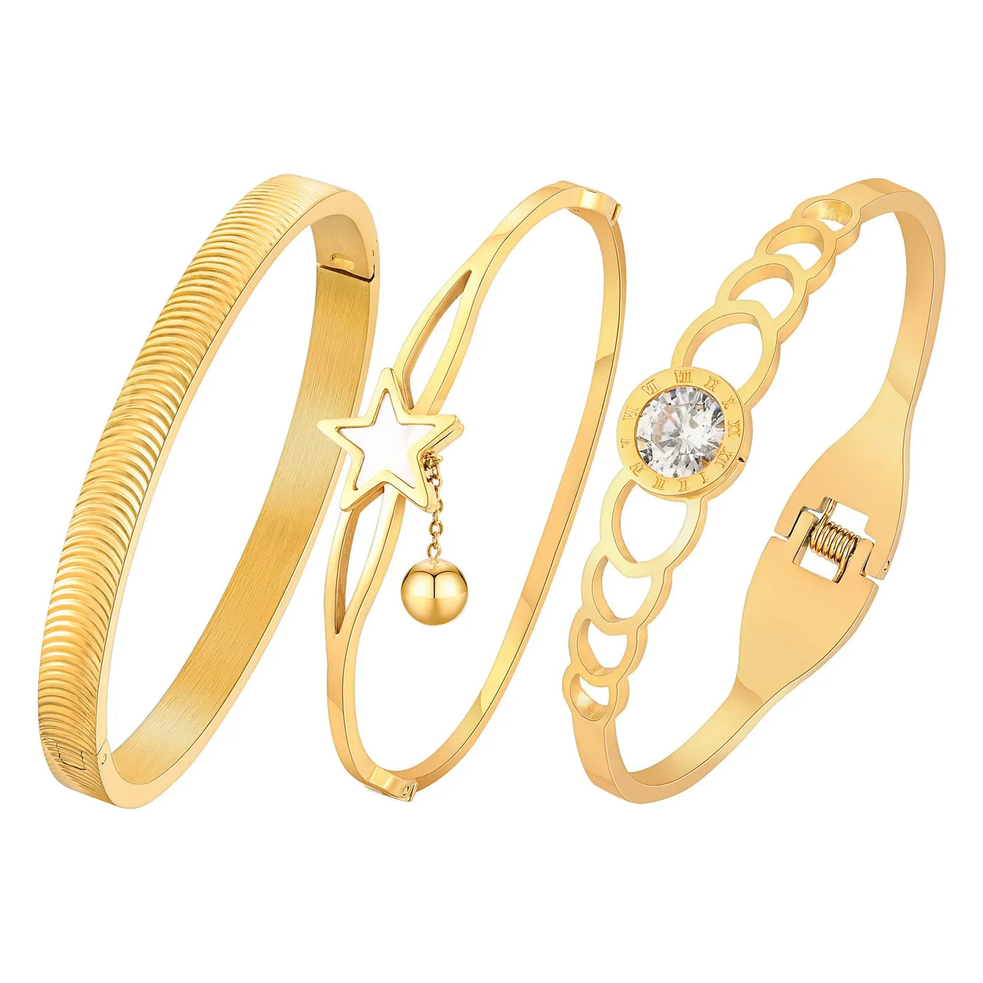 Statement Bangles Gold Plated, Star With Ball Charms Roman Numeral Rhinestone Bracelet, Elegant Party Jewelry for Women