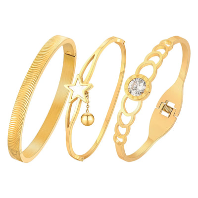 Statement Bangles Gold Plated, Star With Ball Charms Roman Numeral Rhinestone Bracelet, Elegant Party Jewelry for Women