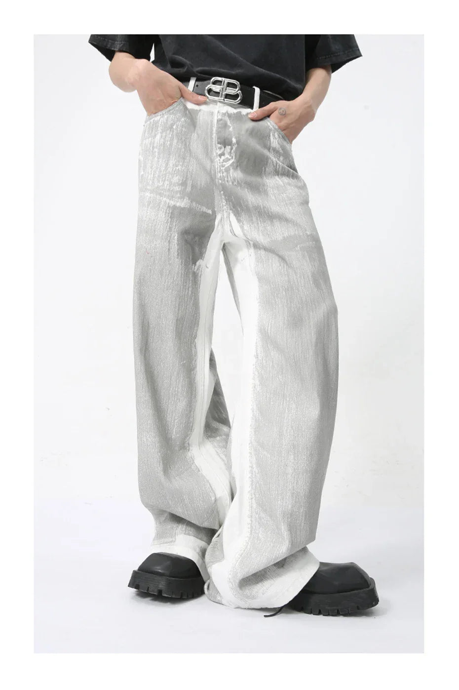 Men's White Baggy Jeans Dirty Printed Grunge Y2K Loose Straight Denim Pants Harajuku Oversized Streetwear Jeans Trousers Male