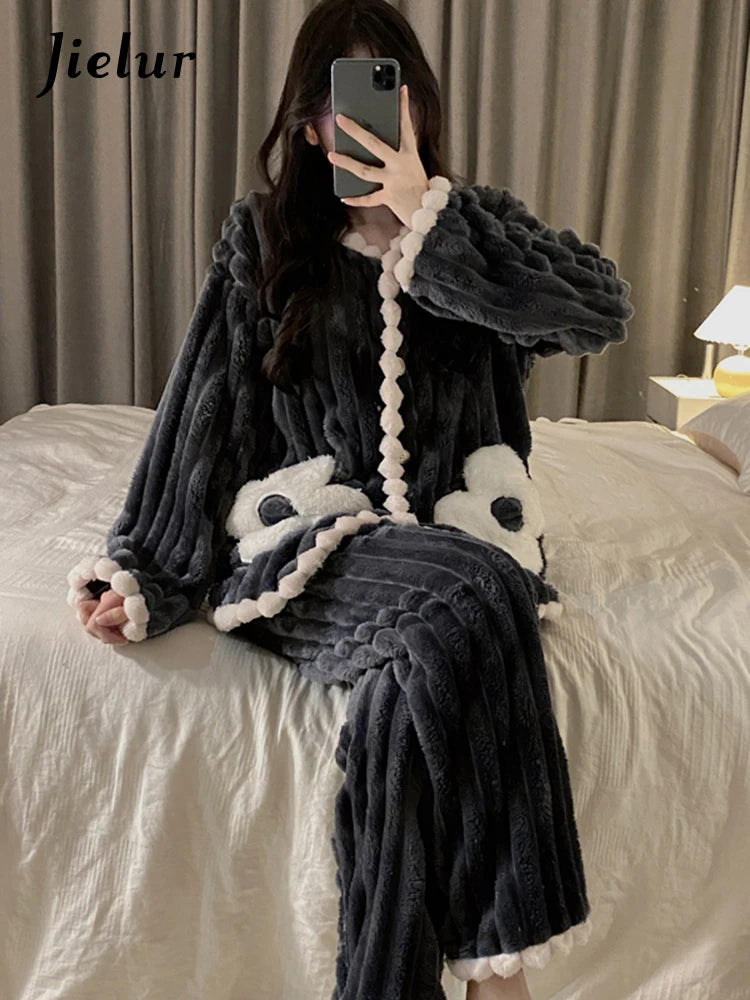 Jielur Winter New Flannel Pajamas for Women Sweet Solid Color Warm Flower Thickened Home Clothes Sleepwear Set Cardigans Suit