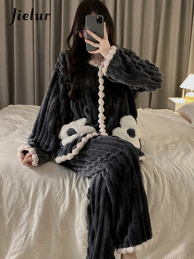 Jielur Winter New Flannel Pajamas for Women Sweet Solid Color Warm Flower Thickened Home Clothes Sleepwear Set Cardigans Suit