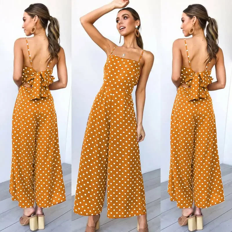 Women Elegant V-Neck Sleeveless High Waist Jumpsuit Summer Sexy Polka Dot Romper Female Loose Wide Leg Playsuits Fashion