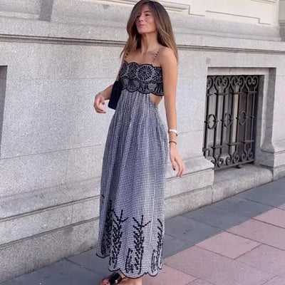 Embroidery Slip Dress Women Sleeveless Plaid Long Dresses Woman Cut Out Backless Midi Dress Elegant Vacation Party Dresses