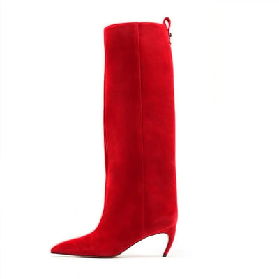 2025 Autumn/Winter New Suede Leather Pointed Stiletto Sleeve Boots European and American Fashion Banquet Shoes Red Wedding Shoes