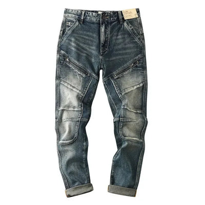 High-end 2022 Retro Motorcycle Jeans Men Spring Autumn Loose Zipper Designer Straight Pants Stitching Tooling Cargo Pants Men