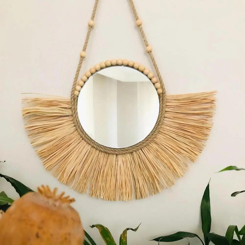 Home decor hanging mirror raffia wood beads acrylic multifunct decorative decorations bedroom wall room