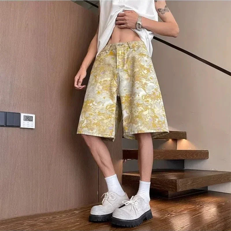 Yellow Tie-Dye All-Over Jacquard Denim Shorts for Men - Summer Thin Style, American Retro Loose Straight Camo Five-Point Pants