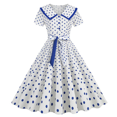 Polka Dot Print Vintage Dress For Women A Line Temperament Lapel Cocktail Party Dresses Ladies Slim Long Dresses With Belt
