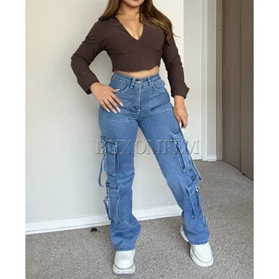 High Waisted Loose Multi-Pocket Cargo Pants Daily Unique Stylish New Women Versatile Simple Denim Pants 2024 Soft Fashion Jeans