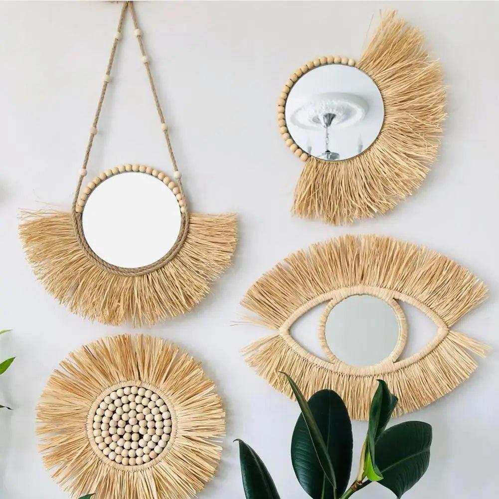 Home decor hanging mirror raffia wood beads acrylic multifunct decorative decorations bedroom wall room