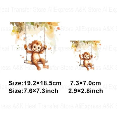 Baby Animal On Swings Heat Transfers For Kids Clothing Elephant Tigers Lion Stickers On Clothes Diy Thermal Patches Decals