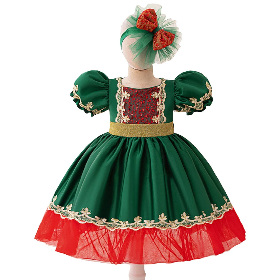 Christmas Dresses Girl Cartoon Print Princess Dress Children Red and Green Sequined Mesh Puff BalL Gown Carnival Clothes