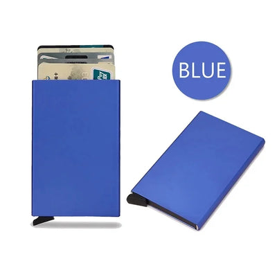 Blue slim metal card holder wallet with pop-up mechanism for cards and cash