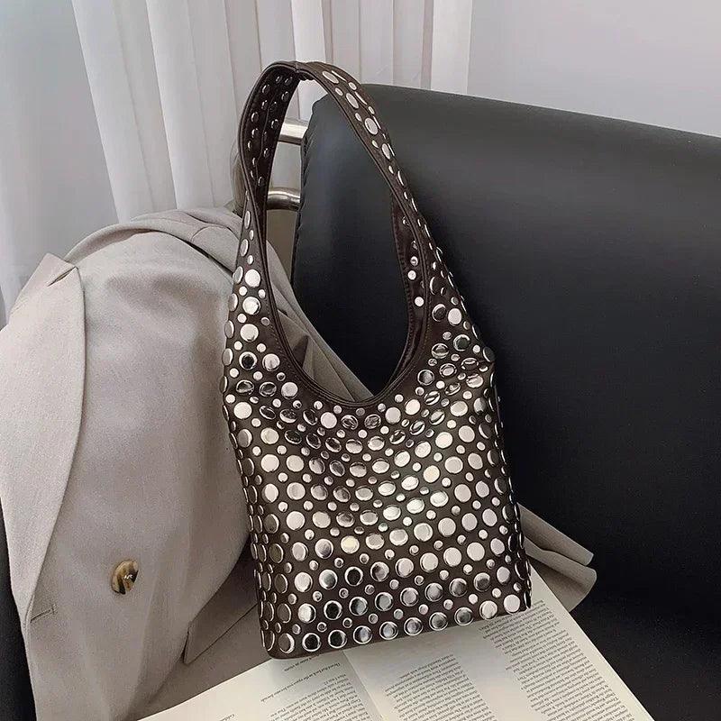 Designer geometric shoulder bag for women top brand handbag luxury shiny rivet handmade evening clutch fashion party