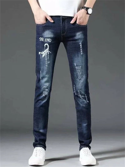 Men's Chinese Dragon Embroidery Jeans Fashion Kylin Embroidered Slim Pencil Pants Stretch Denim Trousers jeans for men pants