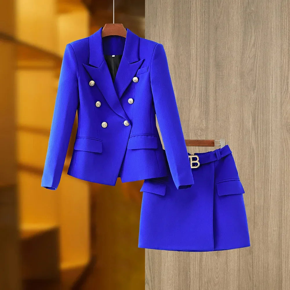 New Arrival Elegant Style Lady Office Work Suit Double-breasted Long Sleeve Fitted Blazer A-line Pencil Mini Skirt Women 2Pcs