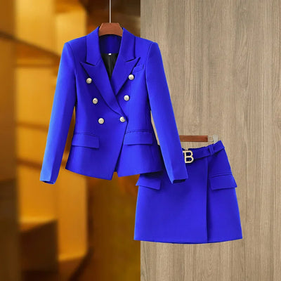 New Arrival Elegant Style Lady Office Work Suit Double-breasted Long Sleeve Fitted Blazer A-line Pencil Mini Skirt Women 2Pcs