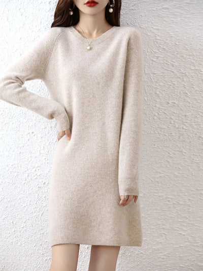 Knit Dresses for Women's Fashion Sweater 100% Merino Wool Winter Ladies O-Neck Warm Knitted Dress Fall Female Casual Black Skirt