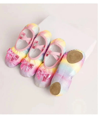 Children's Dance Shoes Girls Ballet Flats Shoes Rainbow Bow Sequins Leather Soft Soled Dance Performance Skate Sport Yoga Shoes