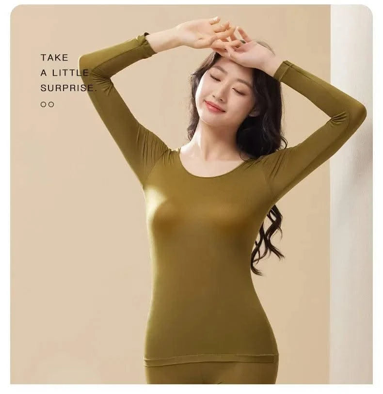 Women Thermal Underwear Long Sleeves Bottoming Shirt Pullover Elastic Casual Solid Top